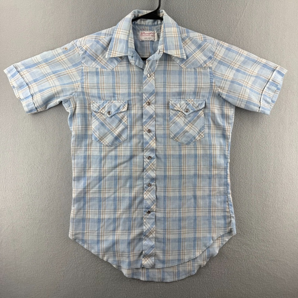 Vintage 70s Wrangler Shirt Mens 15.5‎ Blue Plaid Pearl Snap Western Cowboy USA